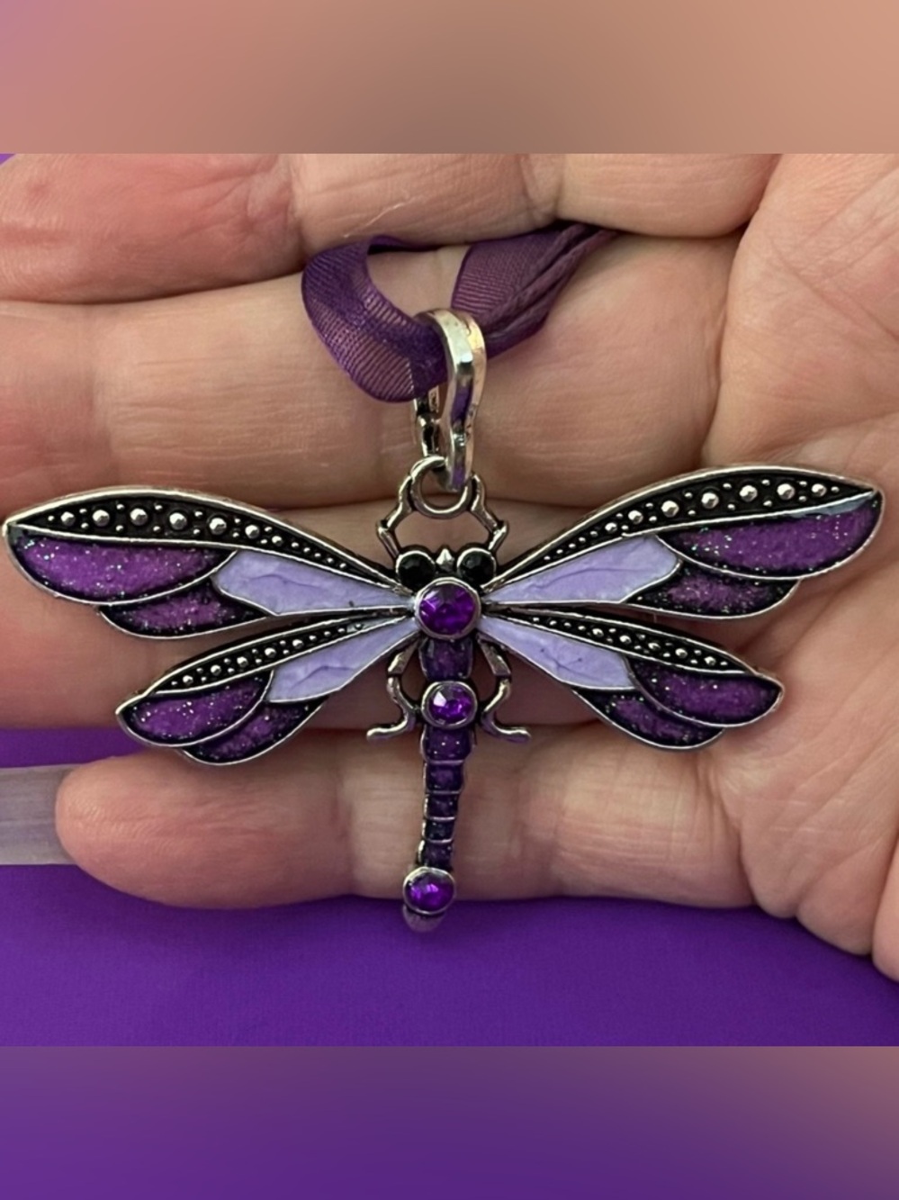 Purple Dragonfly Pendant Necklace  18” cord - Women Jewelry. NWT.